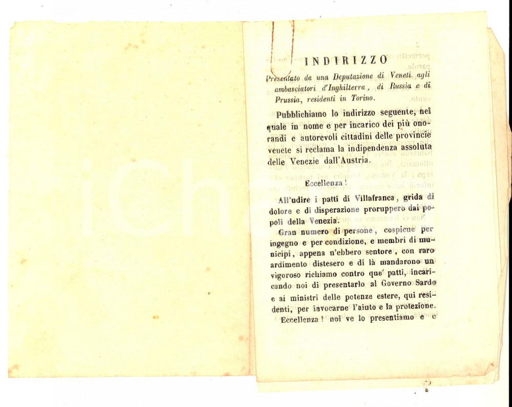 Libro, pubblicazione d epoca 1859 RISORGIMENTO Indirizzo presentato da Deputazione di Veneti  Pamphlet RARO 1