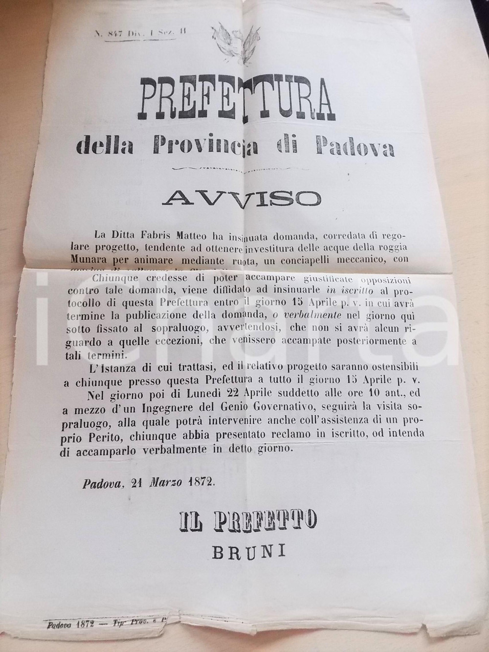 Documento originale, autentico 1872 PADOVA Uso acque Roggia MUNARA per conciapelli  Matteo FABRIS 30x45 cm 1