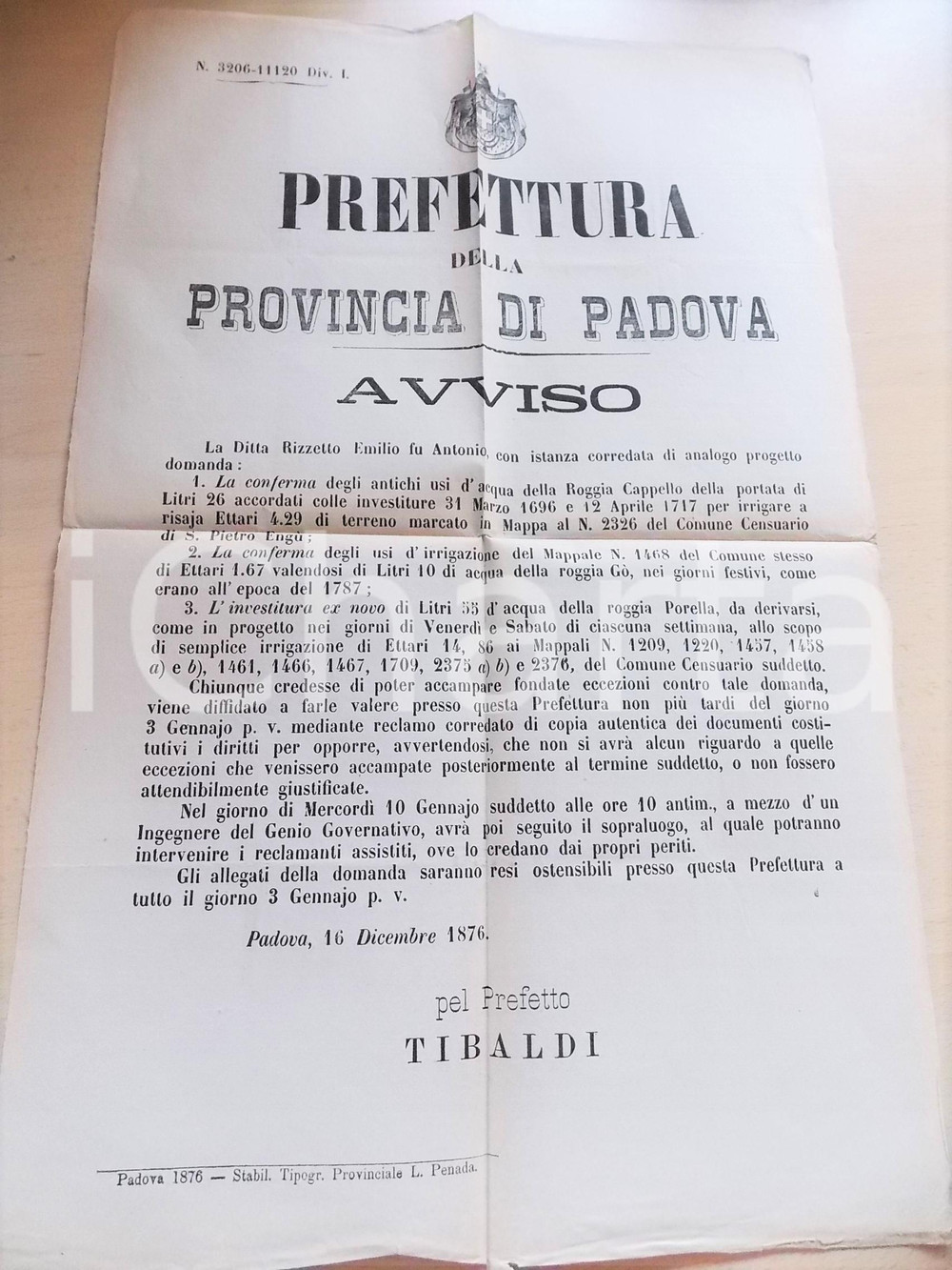 Documento originale, autentico 1876 PADOVA Uso acque ROGGIA CAPPELLO  Ditta Emilio RIZZETTO 30x45 cm 1