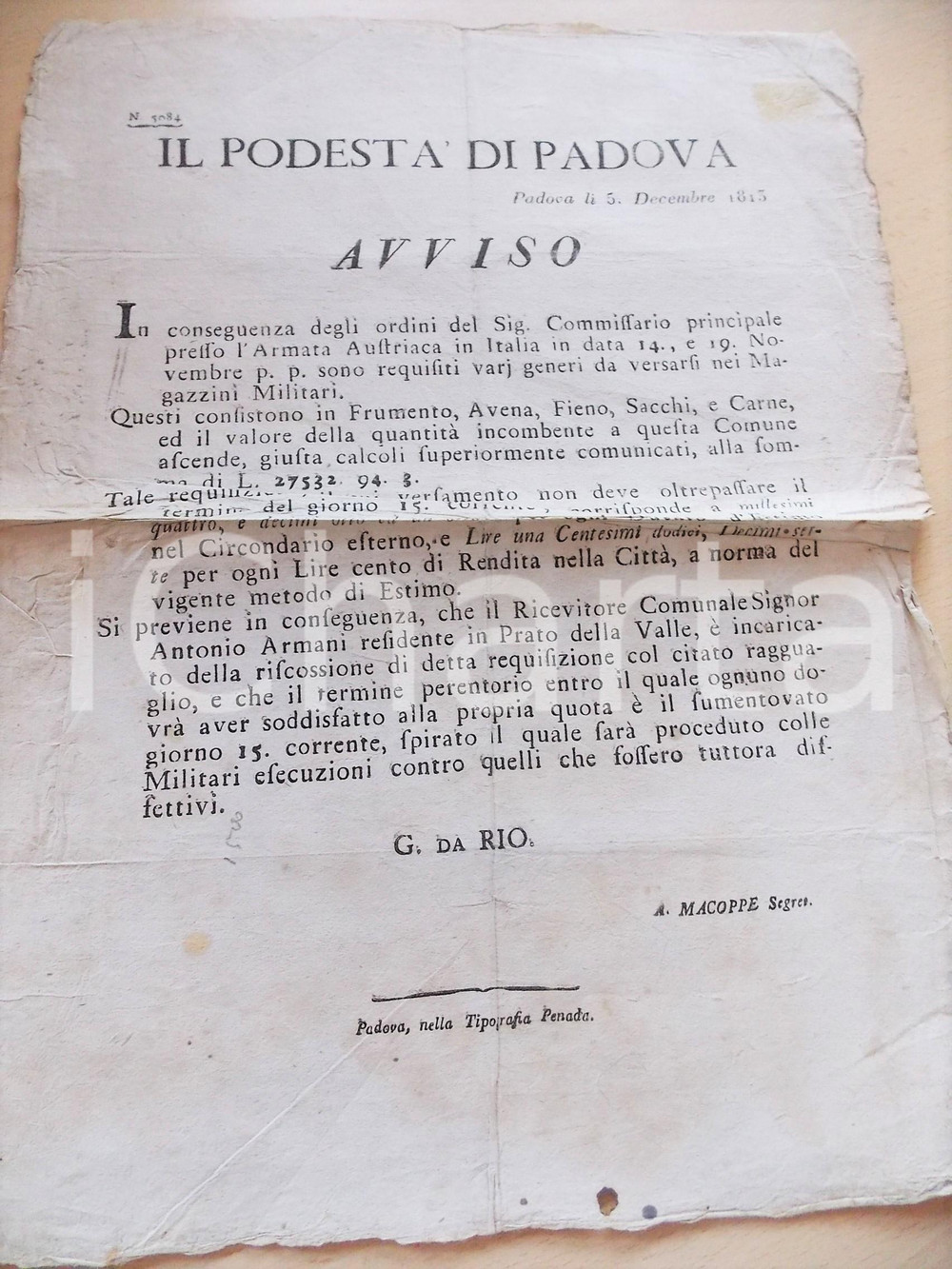 Documento originale, autentico 1813 PADOVA Requisizione cereali per Armata Austriaca in Italia Manifesto 30x40 1