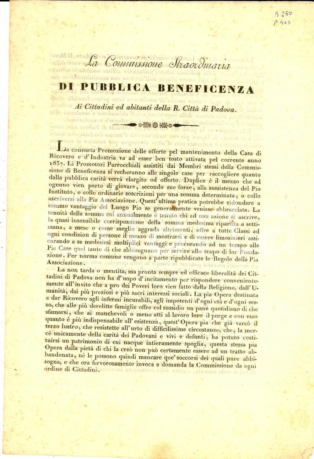 Documento originale, autentico 1837 PADOVA Questua beneficenza pro Casa di Ricovero e d Industria  Documento 1