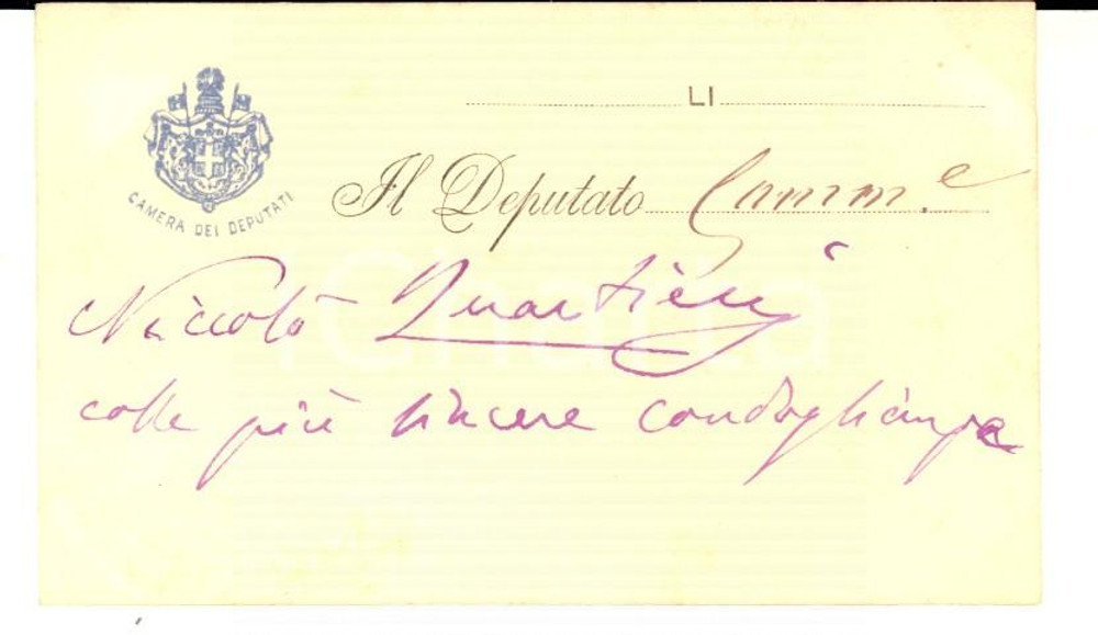 Autografo originale 1890 ca ROMA Condoglianze on. NiccolÃ² QUARTIERI  Biglietto da visita autografo 1