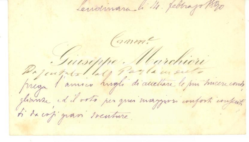 Autografo originale 1890 LENDINARA Condoglianze on. Giuseppe MARCHIORI  Biglietto autografo 1