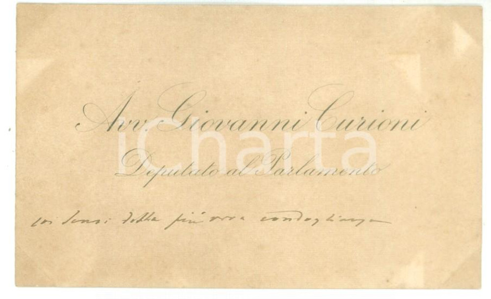 Autografo originale 1890 ca ROMA Condoglianze on. Giovanni CURIONI  Biglietto da visita autografo 1