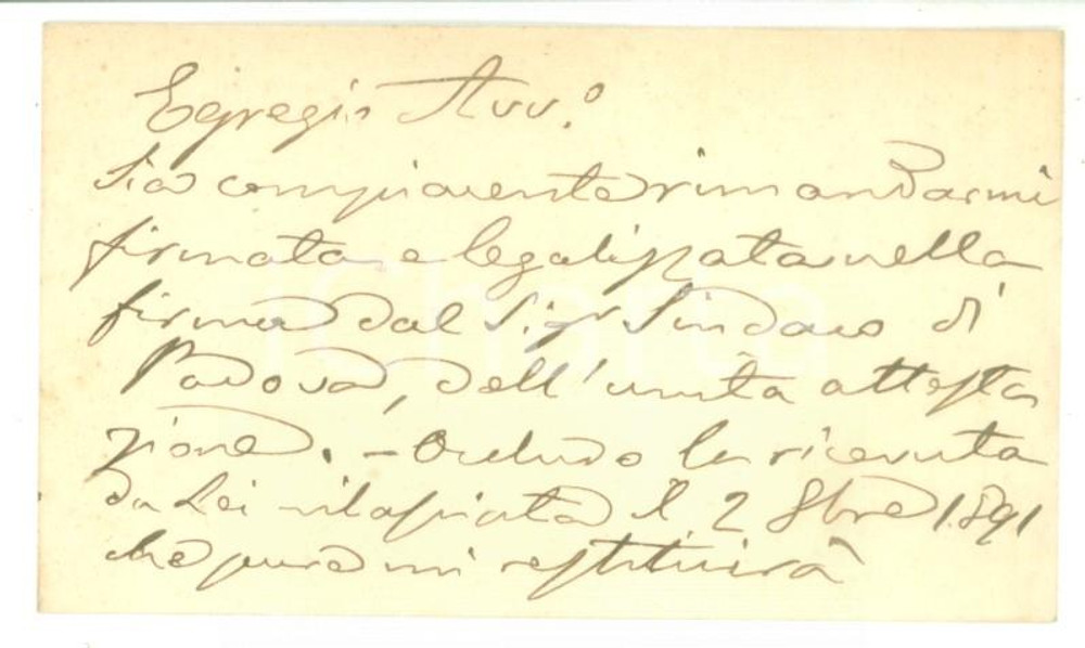 Autografo originale 1895 MONTAGNANA Ringraziamenti Francesco POMELLO  Biglietto da visita autografo 1