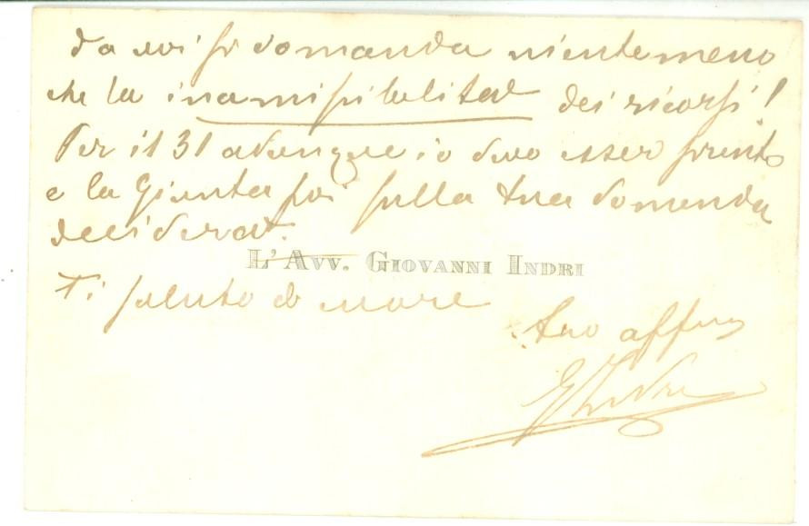 Autografo originale 1905 PADOVA Biglietto da visita dell avvocato Giovanni INDRI  Autografo 1