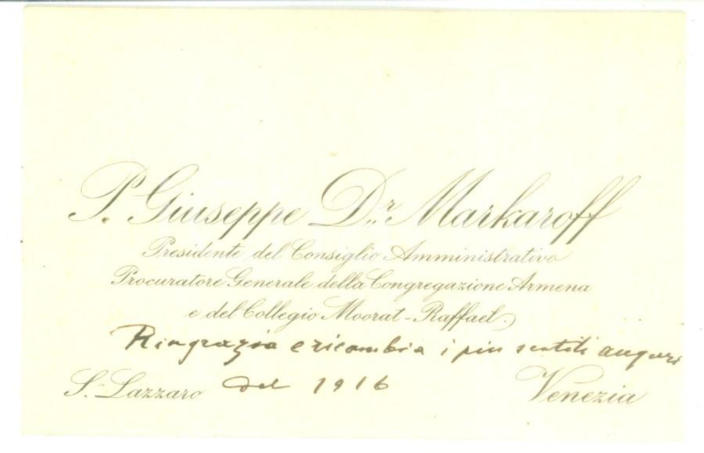 Autografo originale 1916 VENEZIA Padre Giuseppe MARKAROFF Congregazione Armena  Biglietto autografo 1