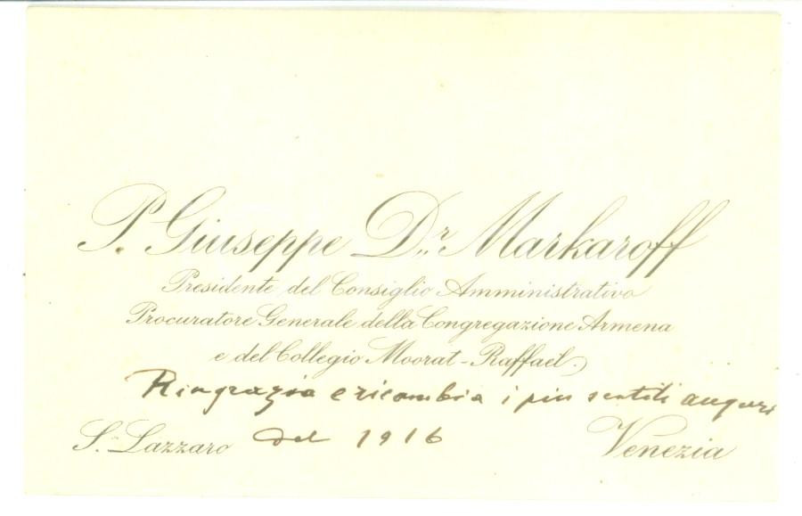 Autografo originale 1916 VENEZIA Padre Giuseppe MARKAROFF Congregazione Armena  Biglietto autografo 1