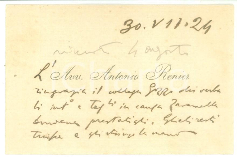 Autografo originale 1924 PADOVA Biglietto di ringraziamento dell avv. Antonio RENIER  Autografo 1