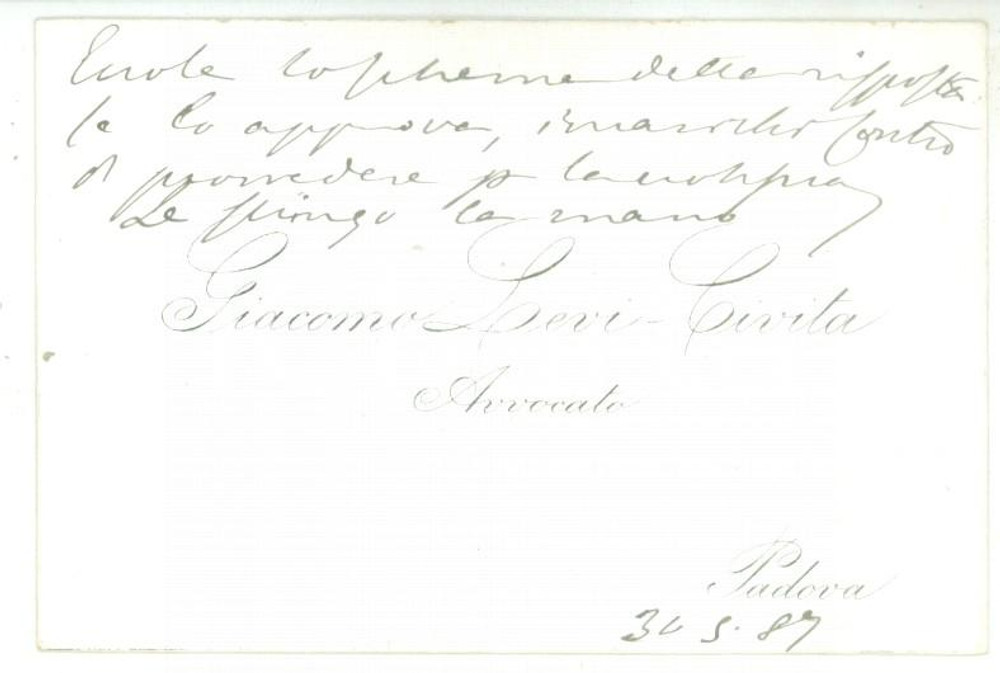 1887 PADOVA Biglietto da visita autografo dell'avvocato Giacomo LEVI-CIVITA 
