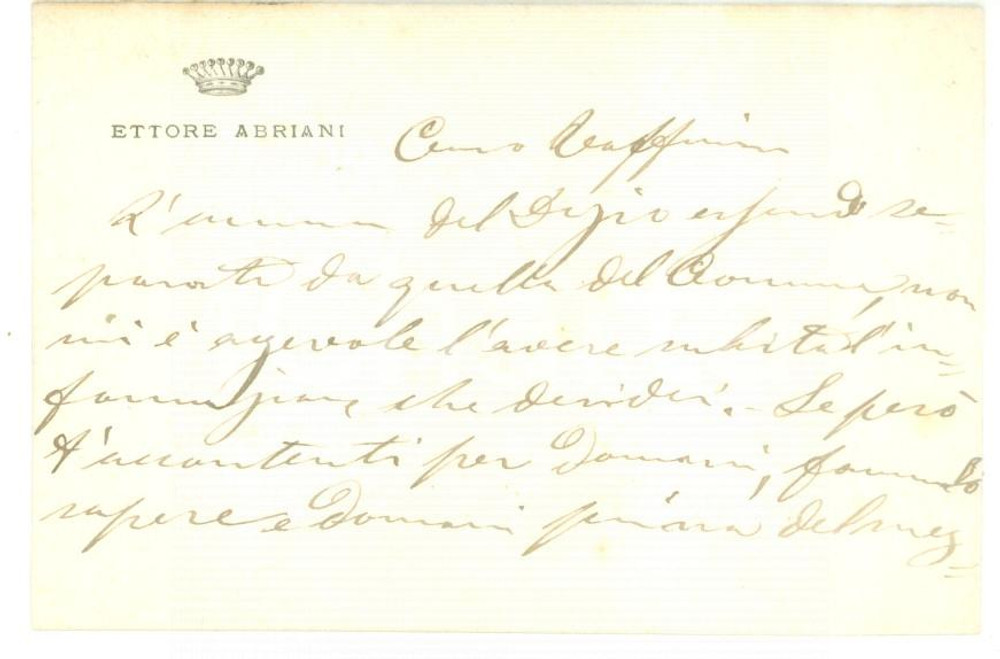 Autografo originale 1885 PADOVA Biglietto da visita Ettore ABRIANI con messaggio autografo 1