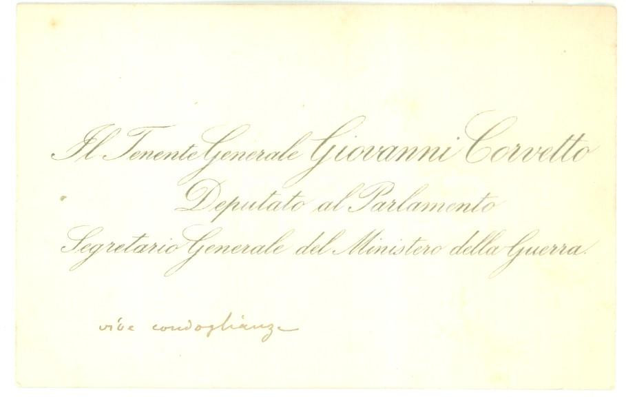 Autografo originale 1890 ca ROMA Condoglianze on. Giovanni CORVETTO Biglietto da visita autografo 1