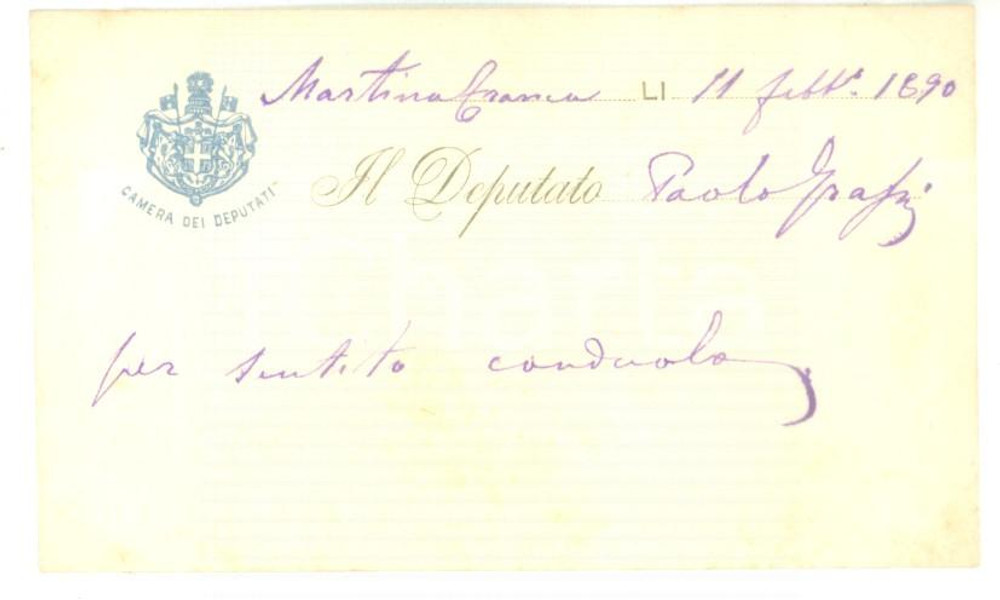 Autografo originale 1890 MARTINA FRANCA Biglietto da visita deputato Paolo GRASSI  Autografo 1