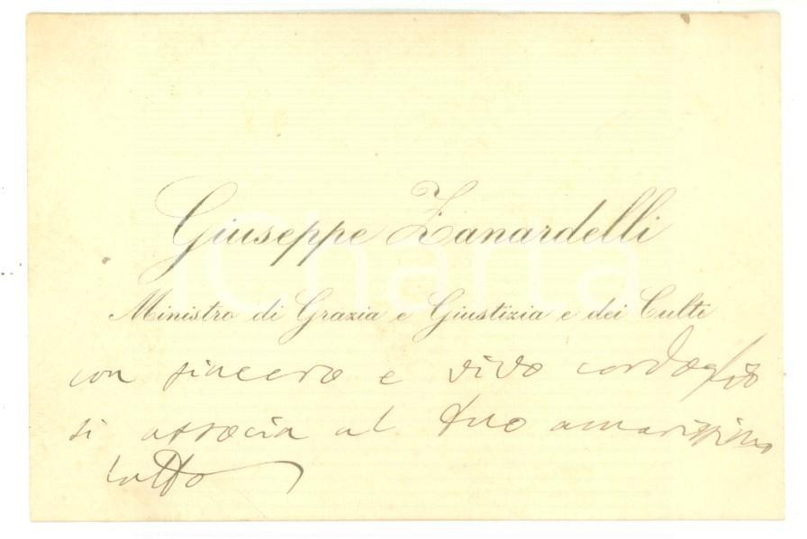 Autografo originale 1890 ca ROMA Condoglianze on. Giuseppe ZANARDELLI Biglietto da visita autografo 1
