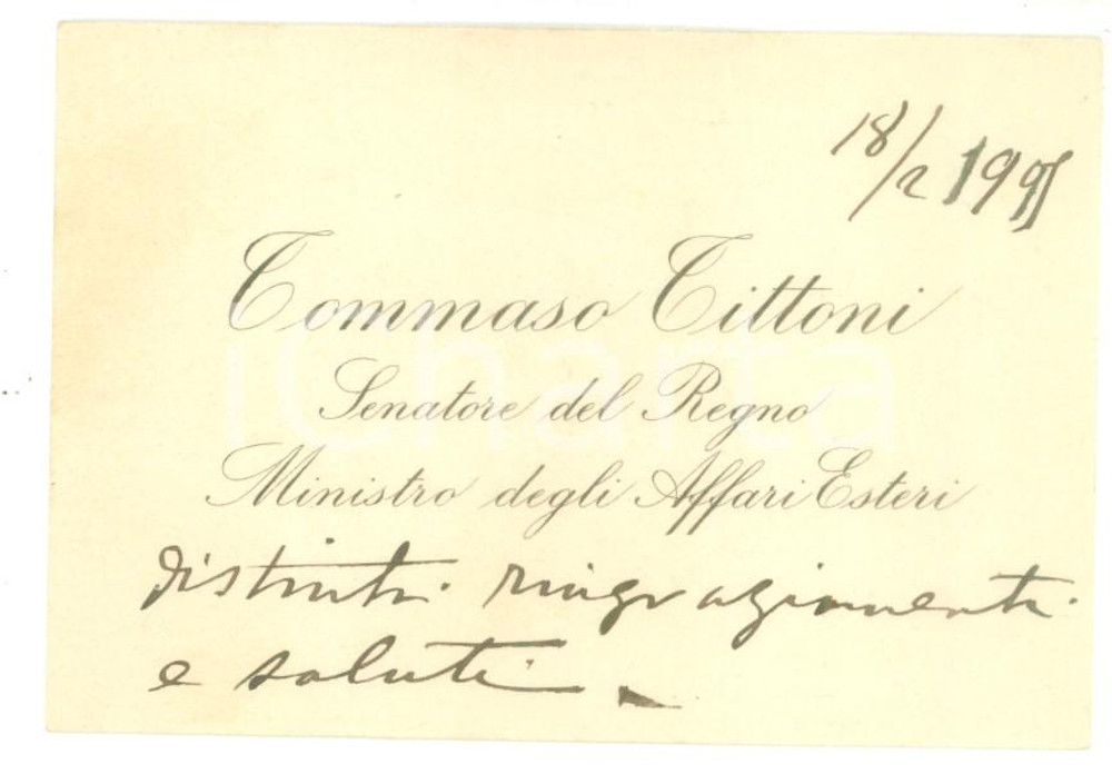 Autografo originale 1905 ROMA Ringraziamenti on. Tommaso TITTONI ministro Affari Esteri  Autografo 1