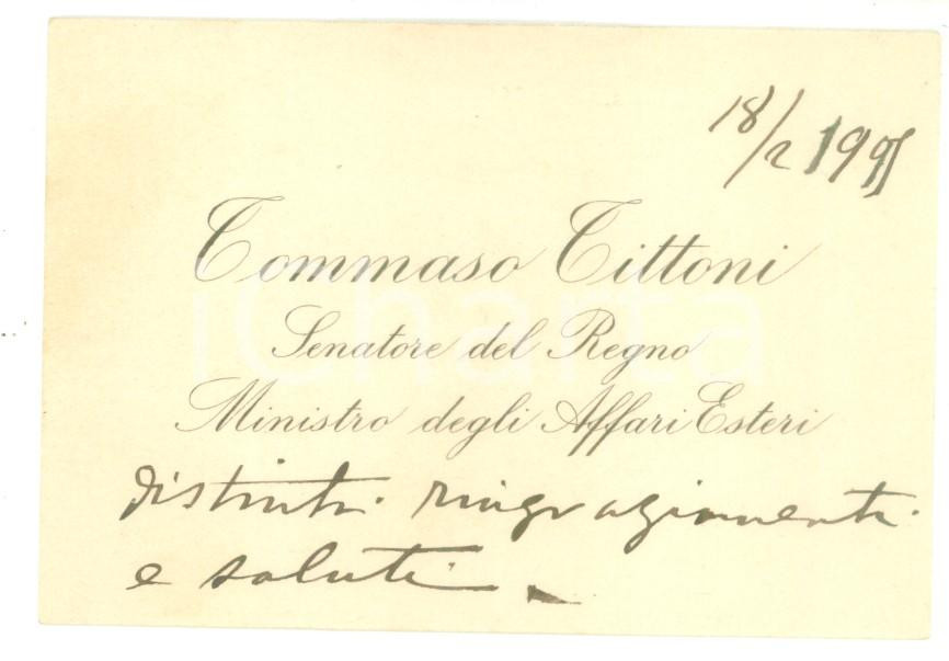 Autografo originale 1905 ROMA Ringraziamenti on. Tommaso TITTONI ministro Affari Esteri  Autografo 1
