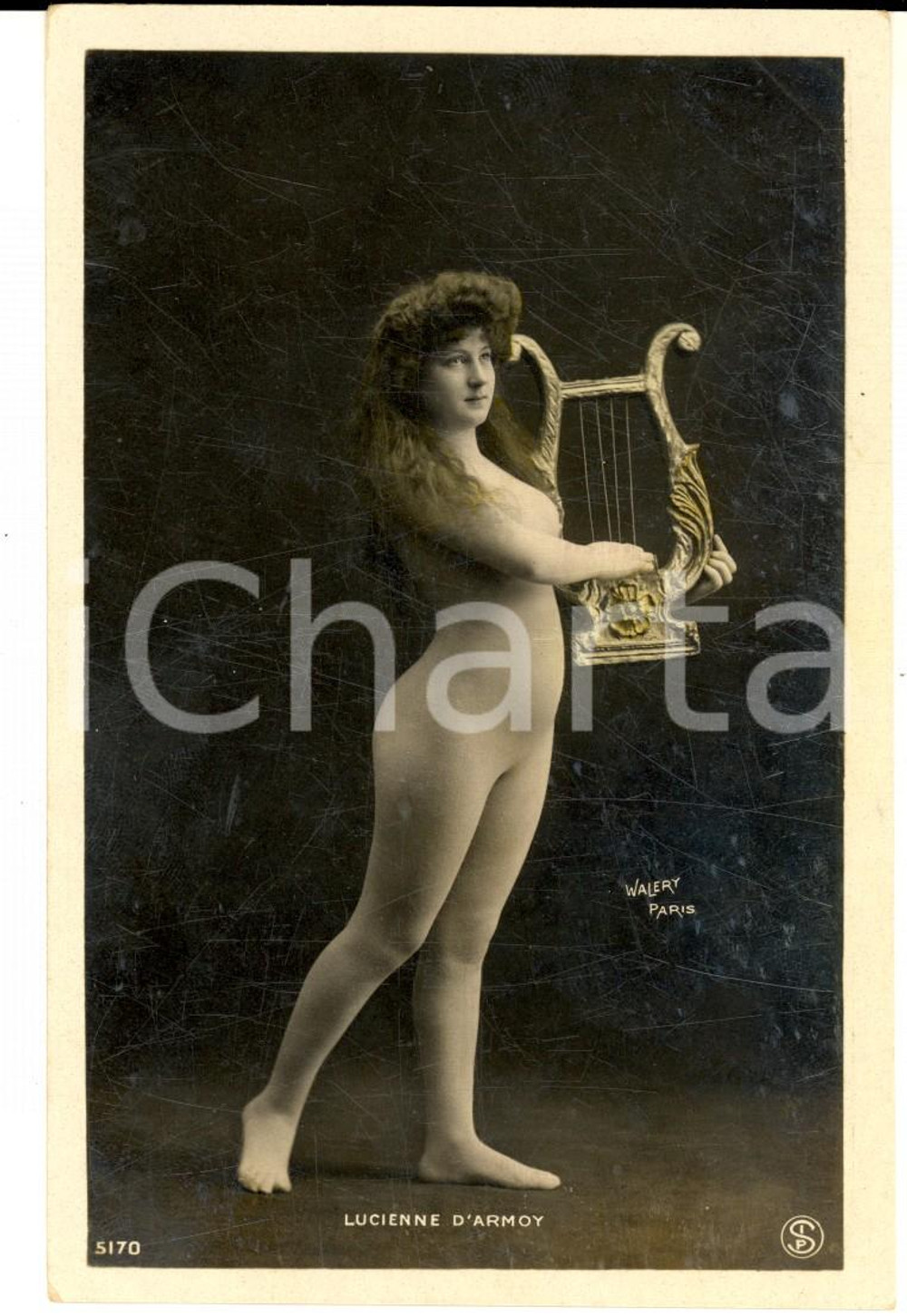 Cartolina originale da collezione 1910 ca Actress LUCIENNE D ARMOY naked with lyre  Erotic French postcard WALERY 1