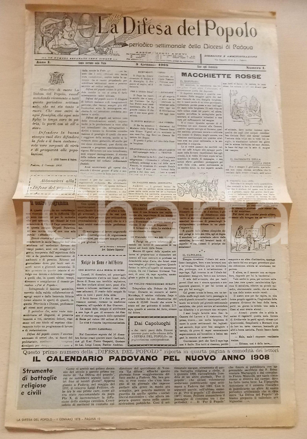 Giornale, rivista storica 1908 PADOVA LA DIFESA DEL POPOLO Socialisti, macchiette rosse  Anno I n.1 1