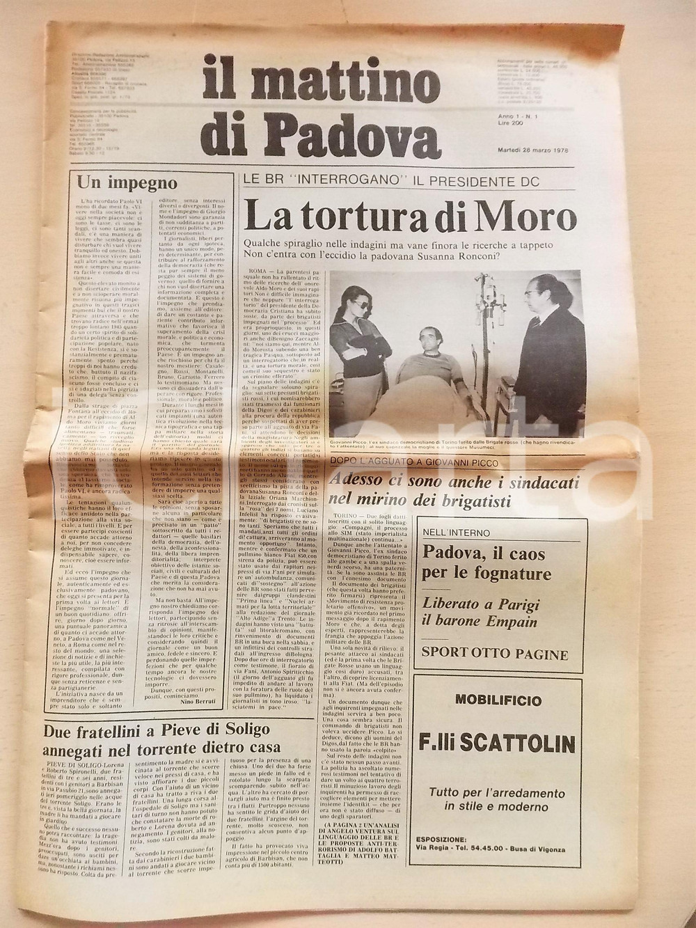 Giornale, rivista storica 1978 IL MATTINO DI PADOVA ANNO 1 N. 1 Sequestro Aldo MORO Le indagini 1