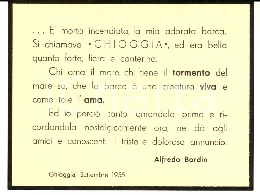 Oggetto da collezione cartaceo 1955 CHIOGGIA Alfredo BORDIN  Biglietto lutto per barca CHIOGGIA  GOLIARDICO 1