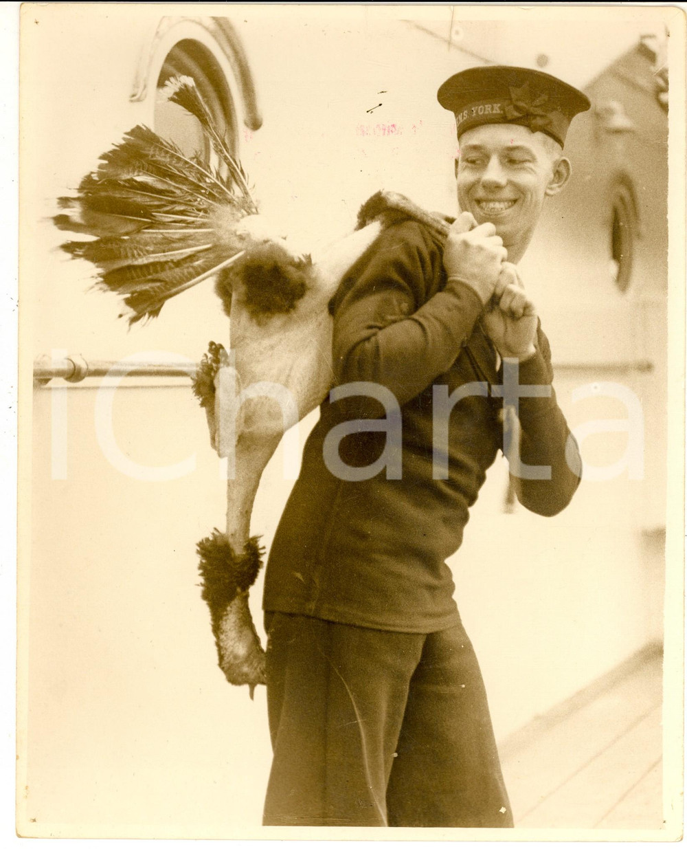 Fotografia d epoca originale 1940 ca ROYAL NAVY Marinaio della HMS YORK con un tacchino in spalla Foto 20x25 1
