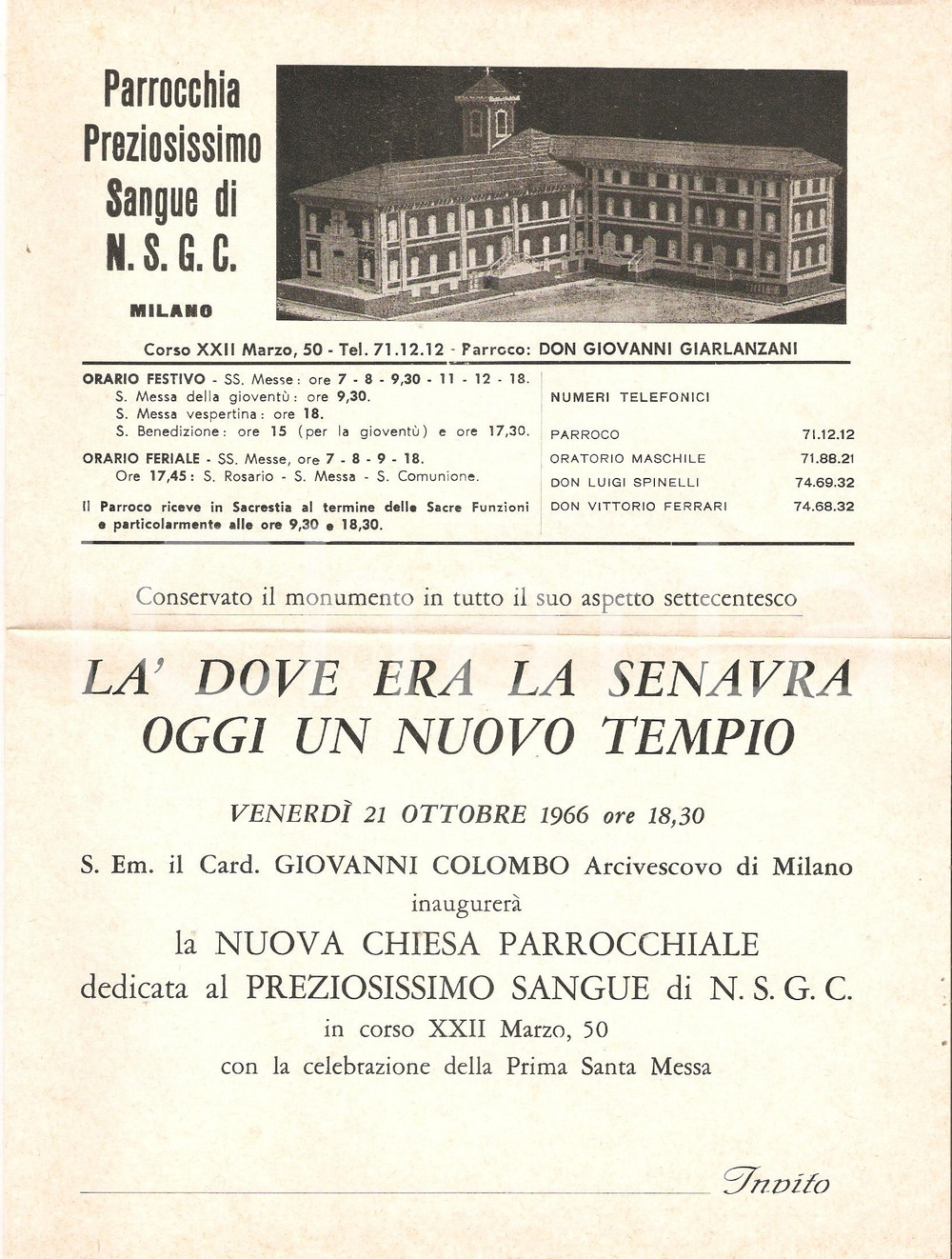 Materiale pubblicitario d’epoca 1966 MILANO Inaugurazione nuova Chiesa del preziosissimo cuore di GesÃ¹ Invito 1