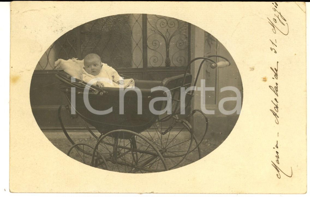 Fotografia d epoca originale 1908 ROZZANO Ritratto di bambina nella carrozzina Foto SCIACCALUGA MILANO 1