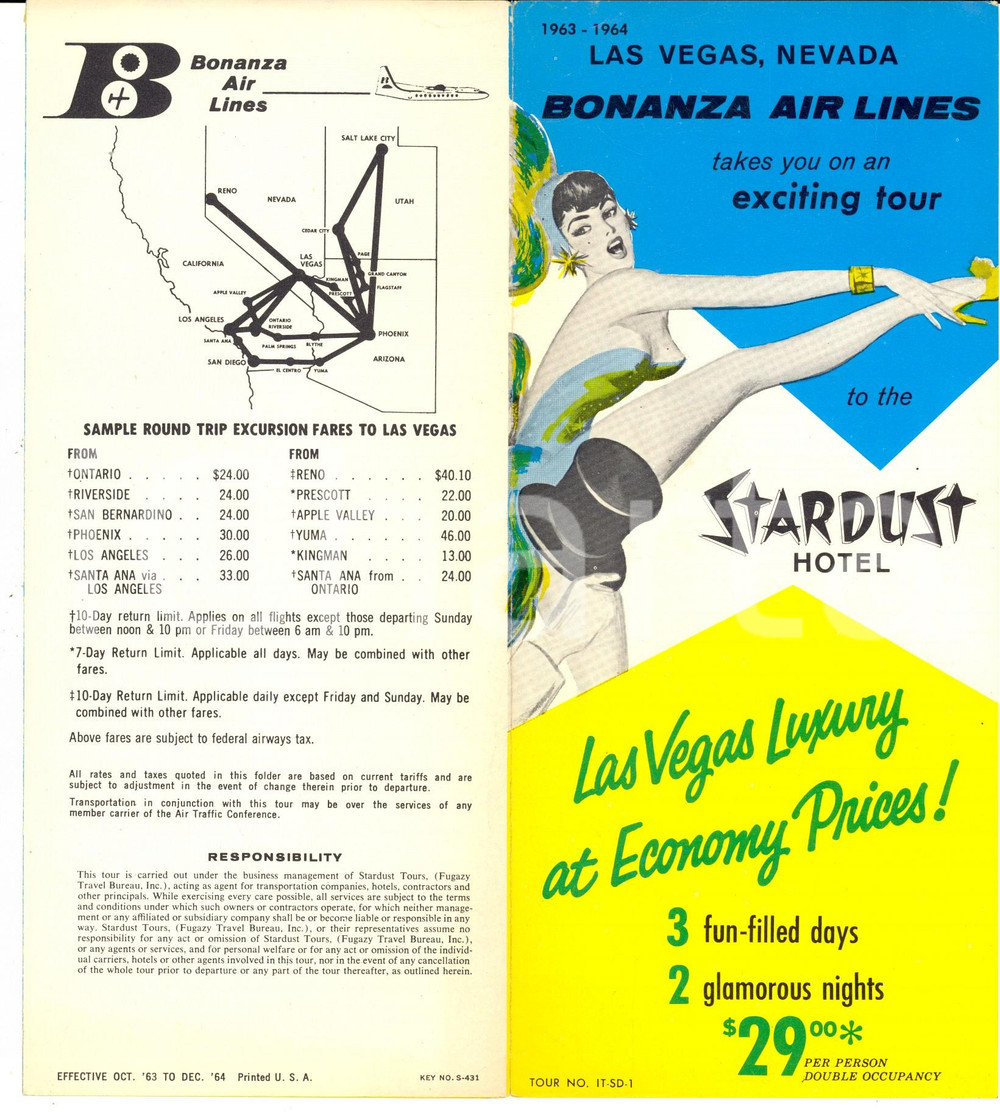 Materiale pubblicitario d’epoca 1964 LAS VEGAS  STARDUST Hotel  BONANZA AIR LINES  Brochure VINTAGE 1