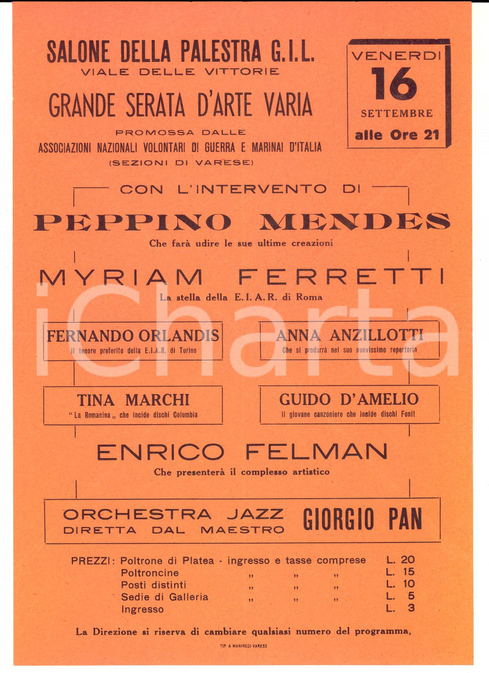 Materiale pubblicitario d’epoca 1930 ca VARESE Palestra GIL Volantino concerto Peppino MENDES Myriam FERRETTI 1