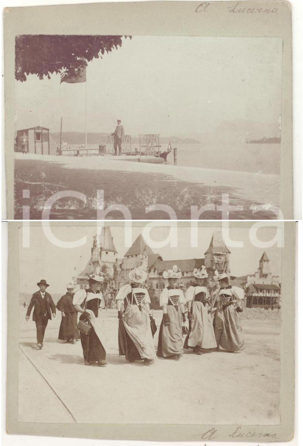 Fotografia d epoca originale 1900 ca LUCERNA Donne in costume tradizionale  Uomo sul lungolago  Foto DOPPIA 1