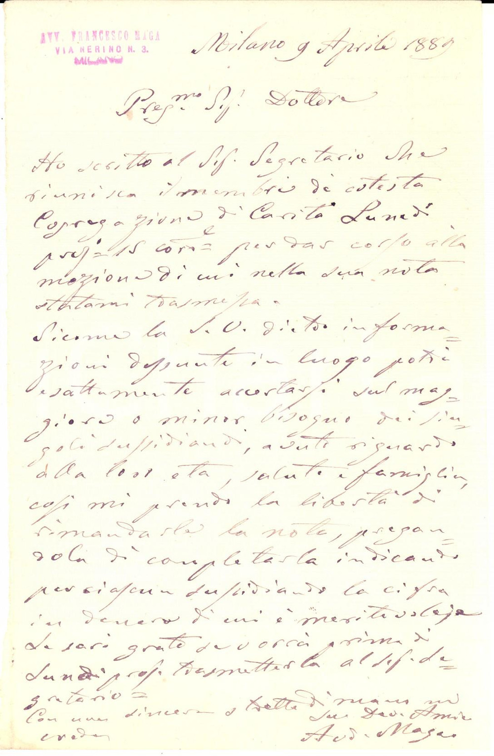 Documento originale, autentico 1889 MILANO Avv. Francesco MAGA  Lettera riunione Congregazione di Carità 1