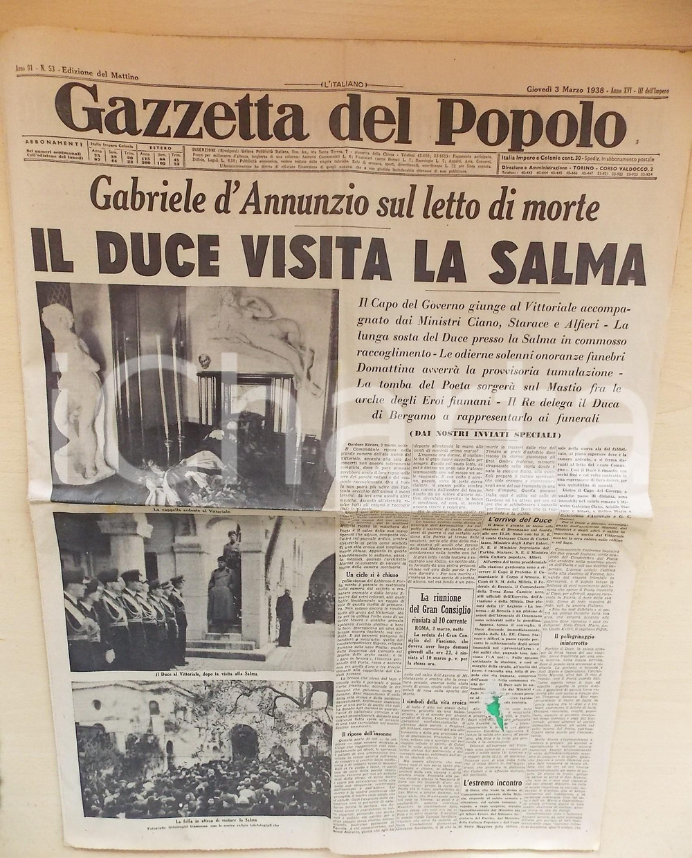 Giornale, rivista storica 1938 GAZZETTA DEL POPOLO Morte Gabriele D ANNUNZIO  Il Duce visita la salma 1