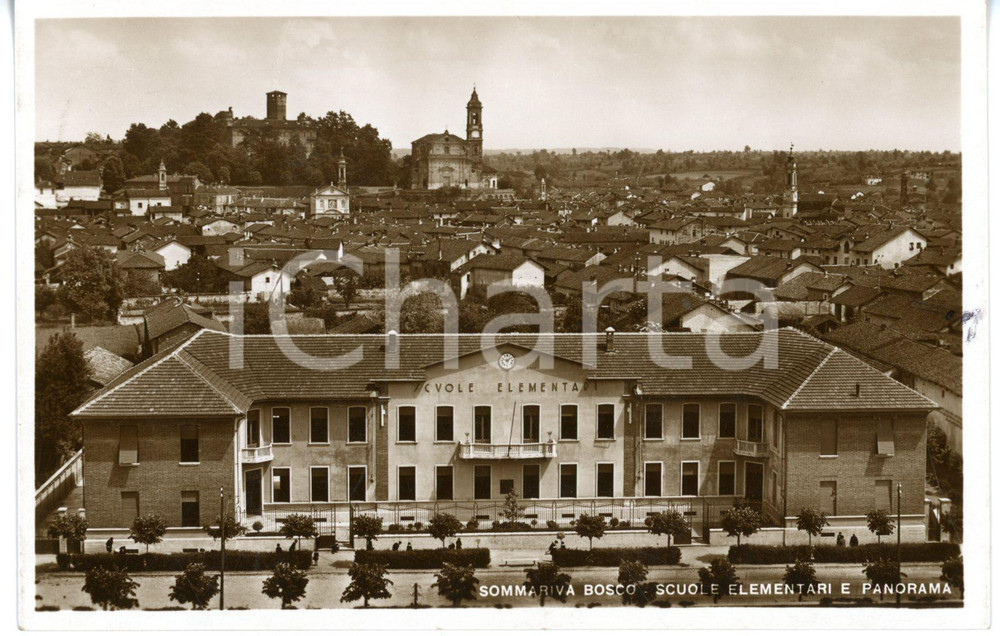 Cartolina originale da collezione 1937 SOMMARIVA DEL BOSCO CN Panorama con scuola elementare Cartolina FP VG 1