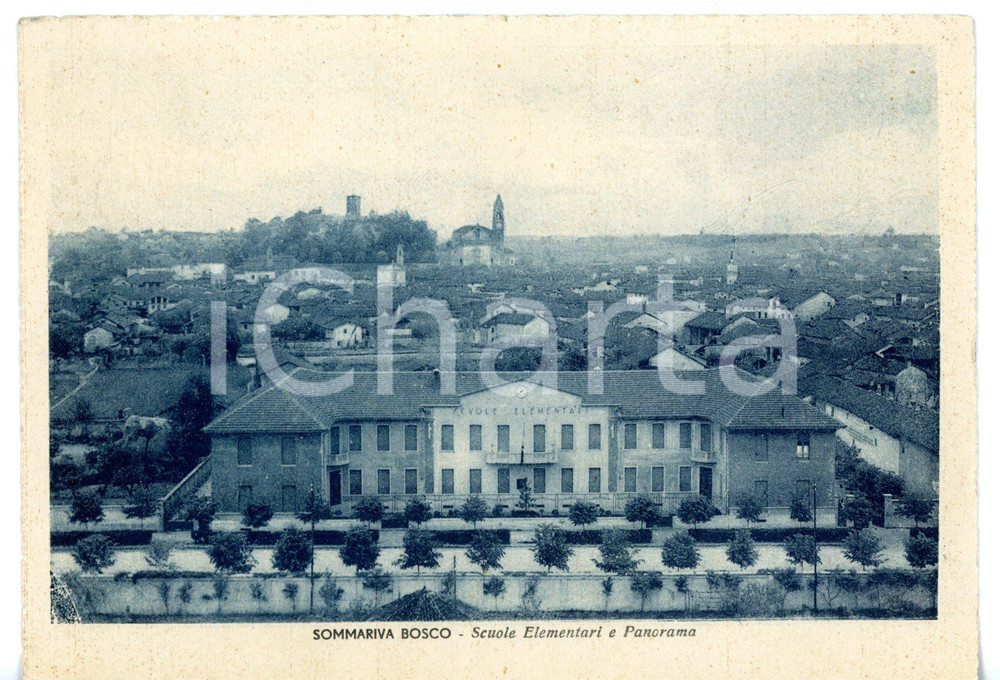 Cartolina originale da collezione 1937 SOMMARIVA DEL BOSCO CN Panorama con scuola elementare Cartolina FG VG 1
