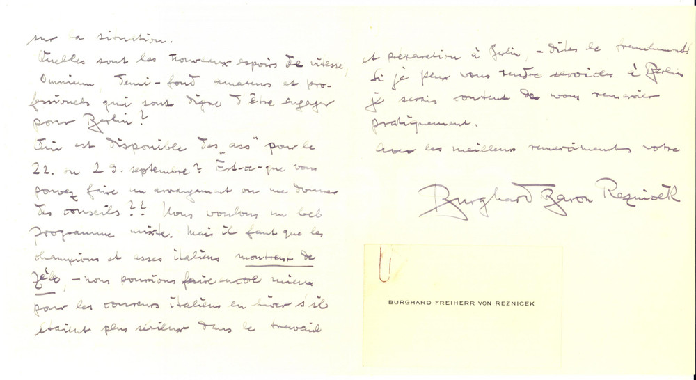 Autografo originale 1940 CICLISMO Burghard Freiherr VON REZNICEK chiede zelo agli atleti  AUTOGRAFO 1