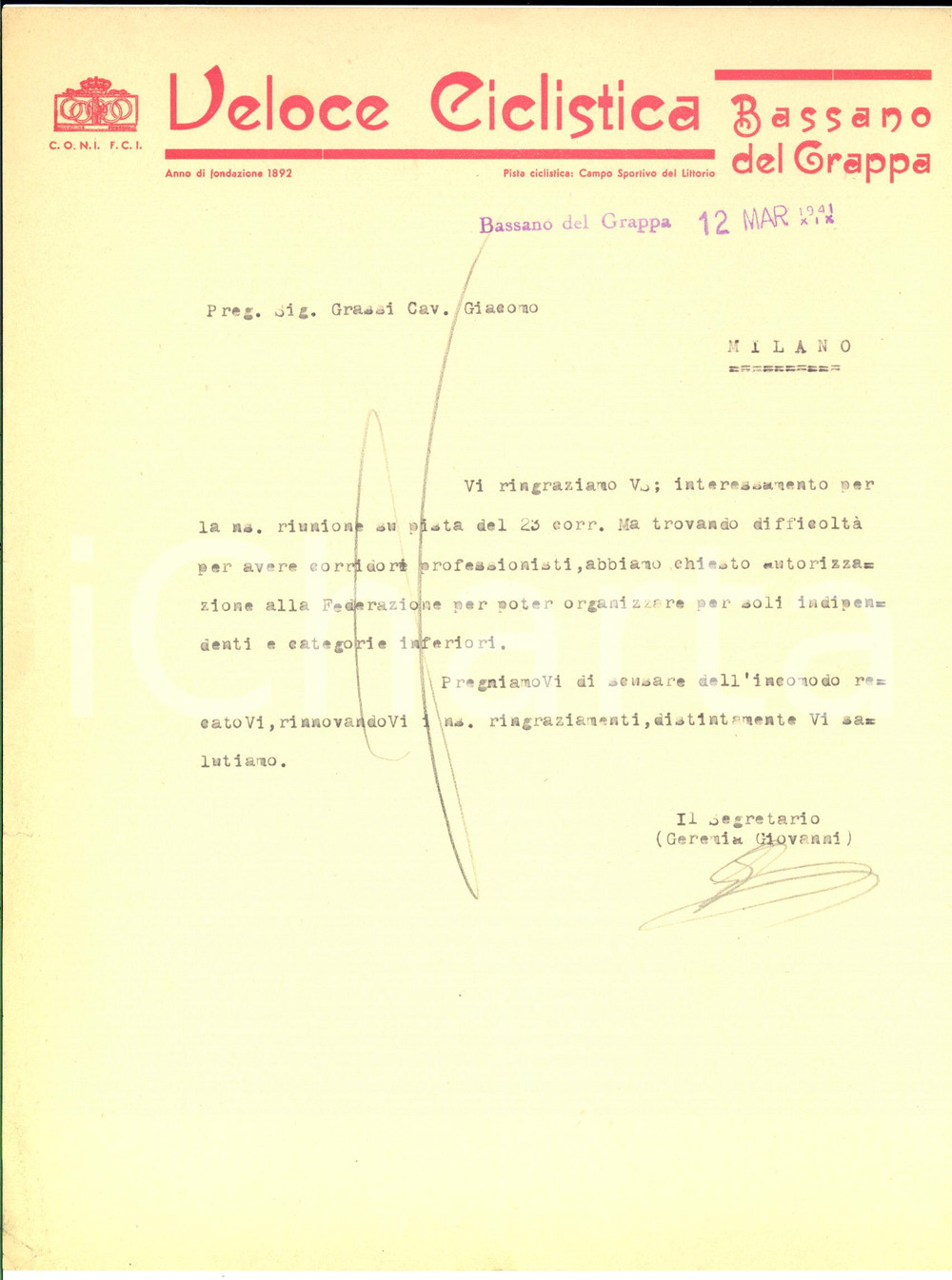 Autografo originale 1941 CICLISMO BASSANO DEL GRAPPA  Veloce Ciclistica Lettera Giovanni GEREMIA 1