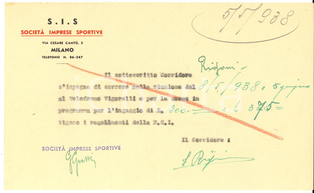 Autografo originale 1938 CICLISMO MILANO Velodromo VIGORELLI  Ingaggio Severino RIGONI  Autografo 1