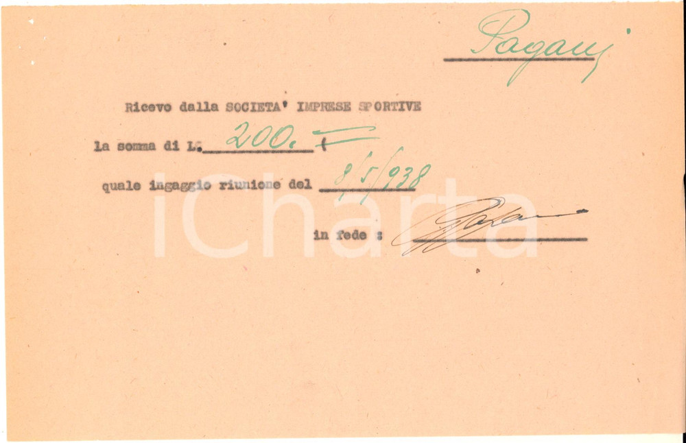 Autografo originale 1938 CICLISMO MILANO VIGORELLI  Ricevuta ingaggio Antonio PAGANI  Autografo 1