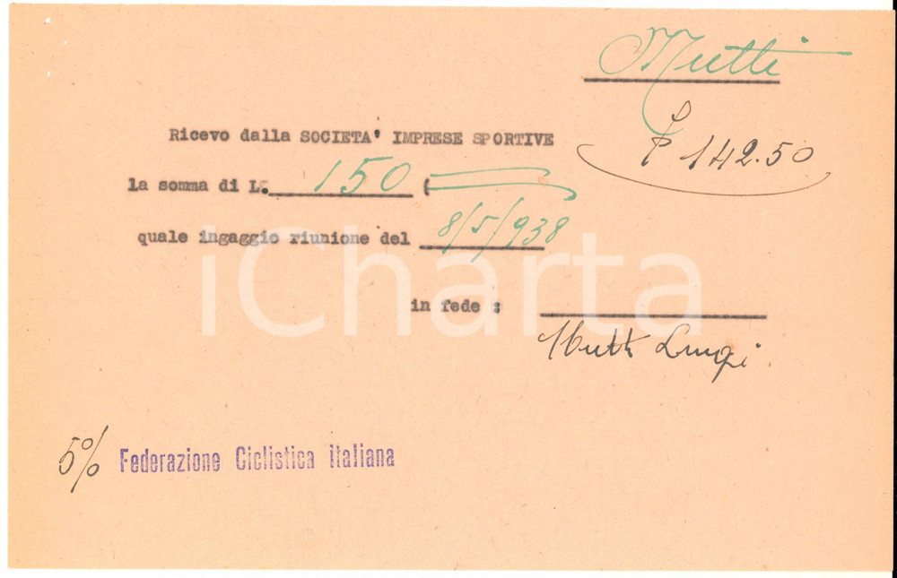 Autografo originale 1938 CICLISMO MILANO VIGORELLI  Ricevuta ingaggio Luigi CONSONNI  Autografo 1