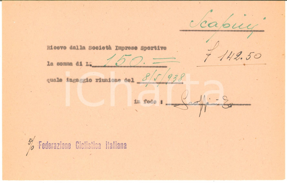 Autografo originale 1938 CICLISMO MILANO VIGORELLI  Ricevuta ingaggio Edgar SCAPPINI  Autografo 1