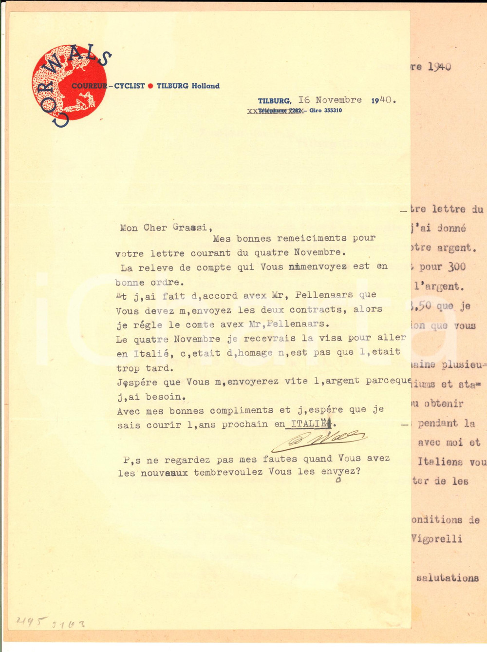 Autografo originale 1940 CICLISMO TILBURG Lettera Cor WALS per corse in Italia  AUTOGRAFO 1