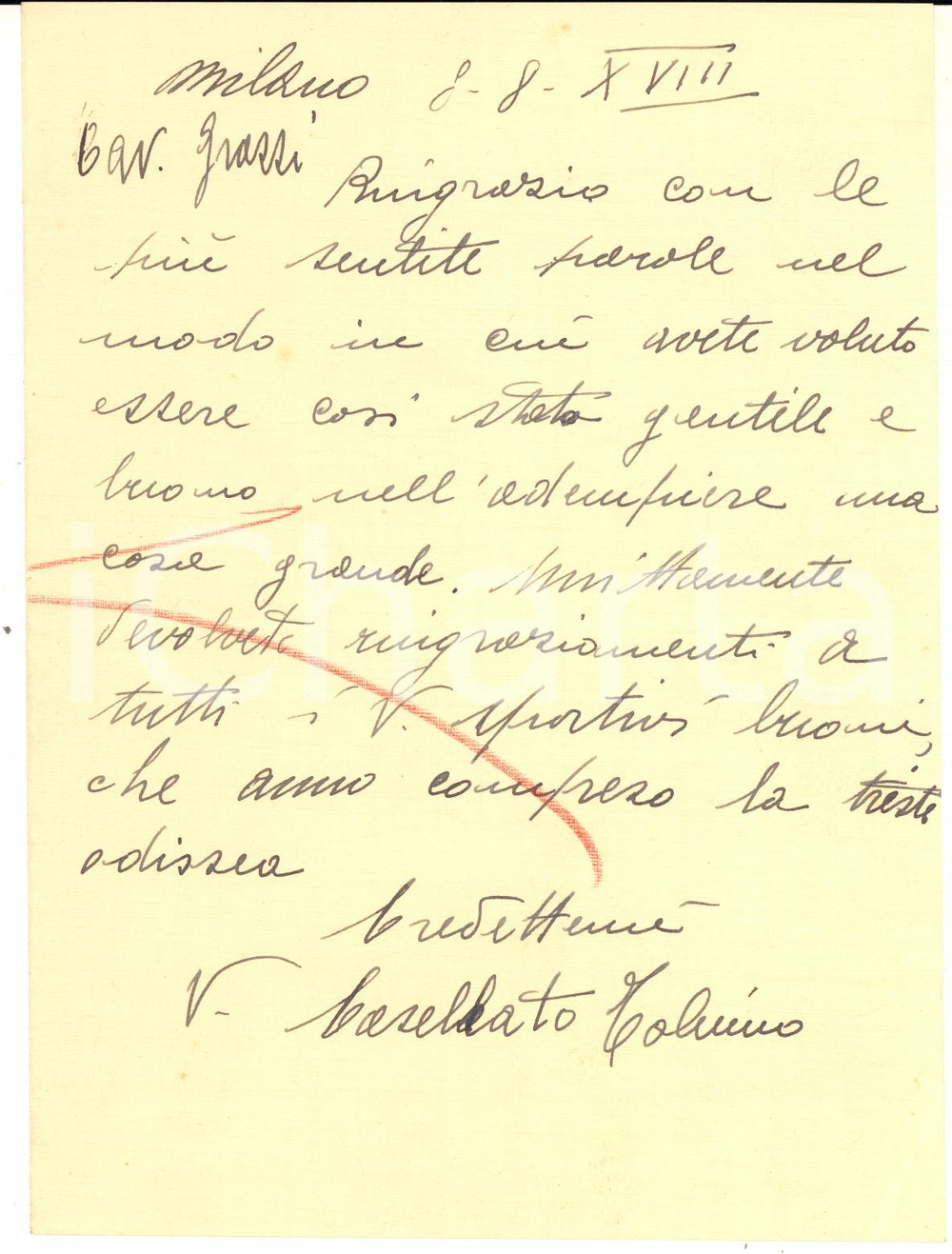Autografo originale 1940 CICLISMO MILANO Lettera Tolmino CASELLATO per ringraziamento  AUTOGRAFO 1
