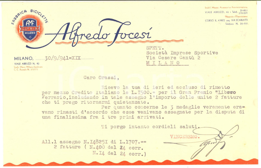 Autografo originale 1941 CICLISMO MILANO AMF GLORIA Alfredo FOCESI Fabbrica Biciclette  AUTOGRAFO 1