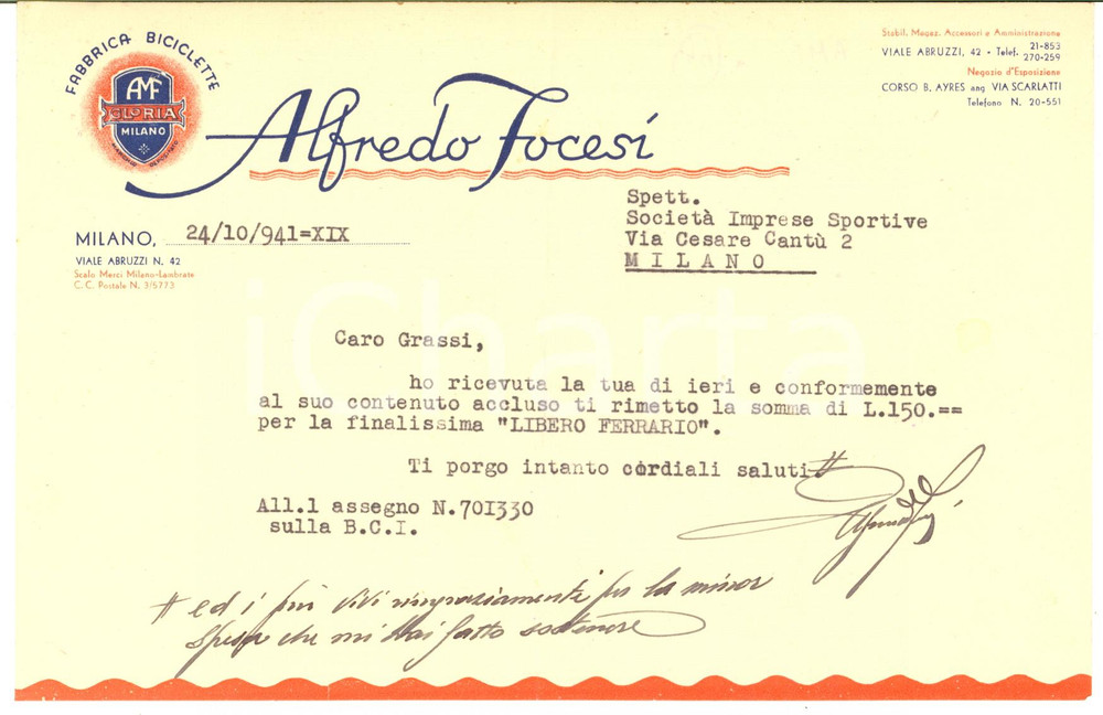 Autografo originale 1941 CICLISMO MILANO AMF GLORIA Alfredo FOCESI Fabbrica Biciclette AUTOGRAFO 1