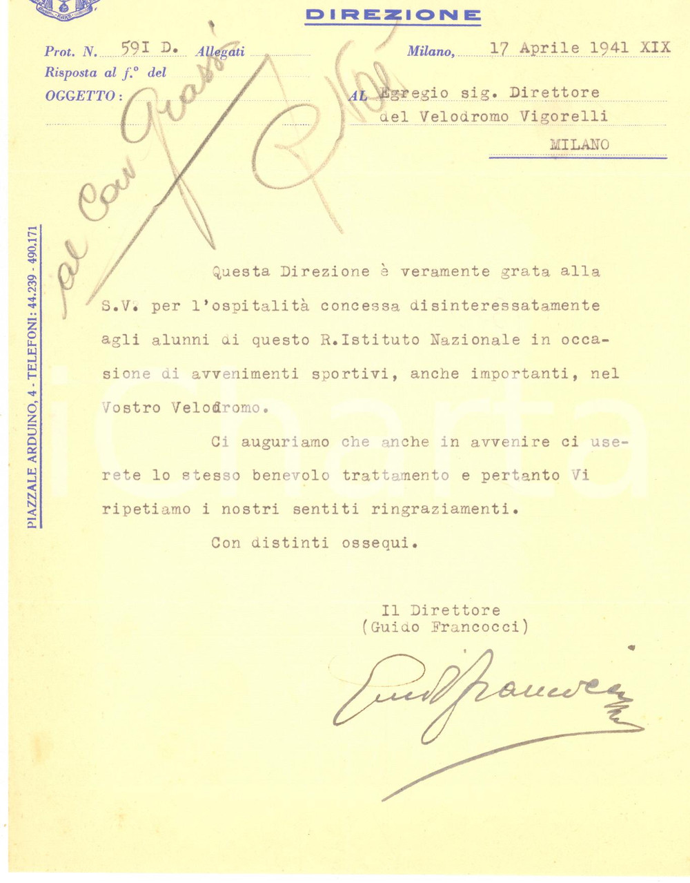 Autografo originale 1941 MILANO Istituto Sordomuti  Lettera Guido FRANCOCCI pro alunni AUTOGRAFO 1