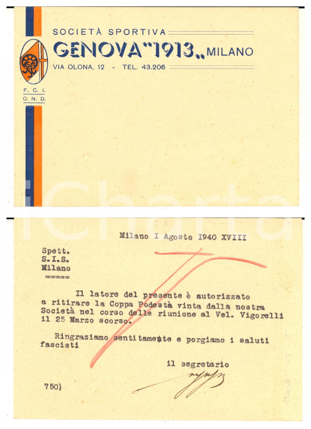 Cartolina originale da collezione 1940 CICLISMO MILANO SocietÃ  GENOVA 1913  Cartolina per Coppa PodestÃ  1