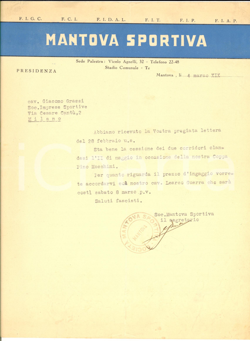 Autografo originale 1941 CICLISMO MANTOVA SPORTIVA  Corridori per coppa Pino Moschini  Lettera 1