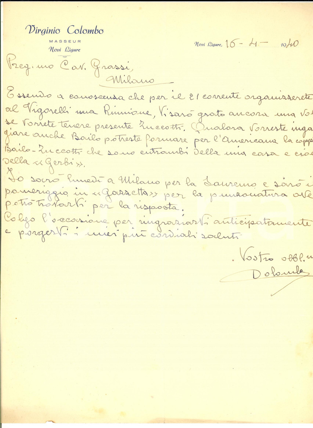 Autografo originale 1940 CICLISMO NOVI LIGURE Virginio COLOMBO massaggiatore  Lettera AUTOGRAFA 1