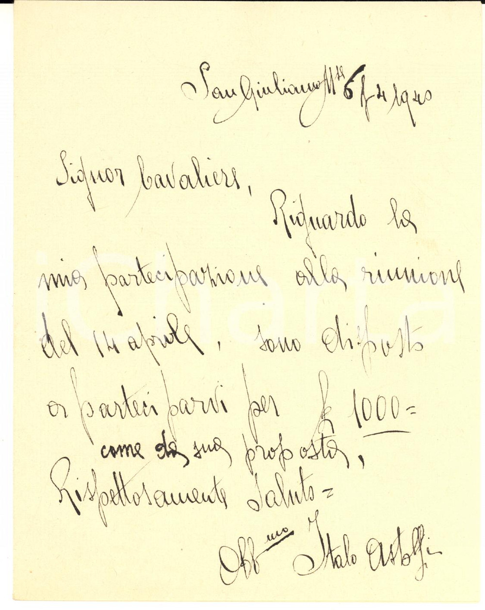 Autografo originale 1940 CICLISMO SAN GIULIANO MILANESE Lettera Italo ASTOLFI per gara  AUTOGRAFO 1