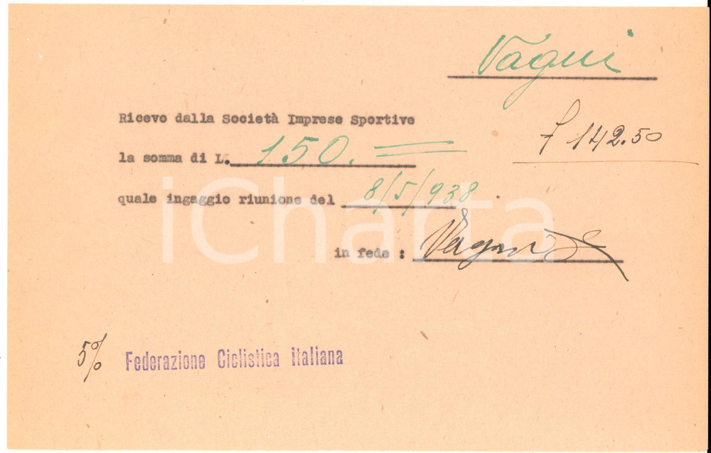 Autografo originale 1938 CICLISMO MILANO VIGORELLI  Ricevuta ingaggio Enrico VAGNI  Autografo 1